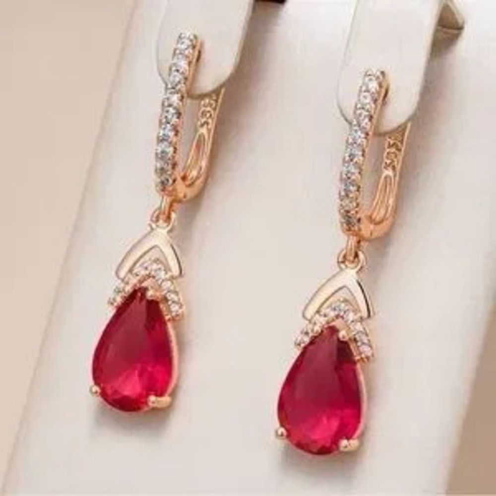 Red Water Drop Natural Zircon Drop Earrings for Women 585 Rose Gold Vintage Styl